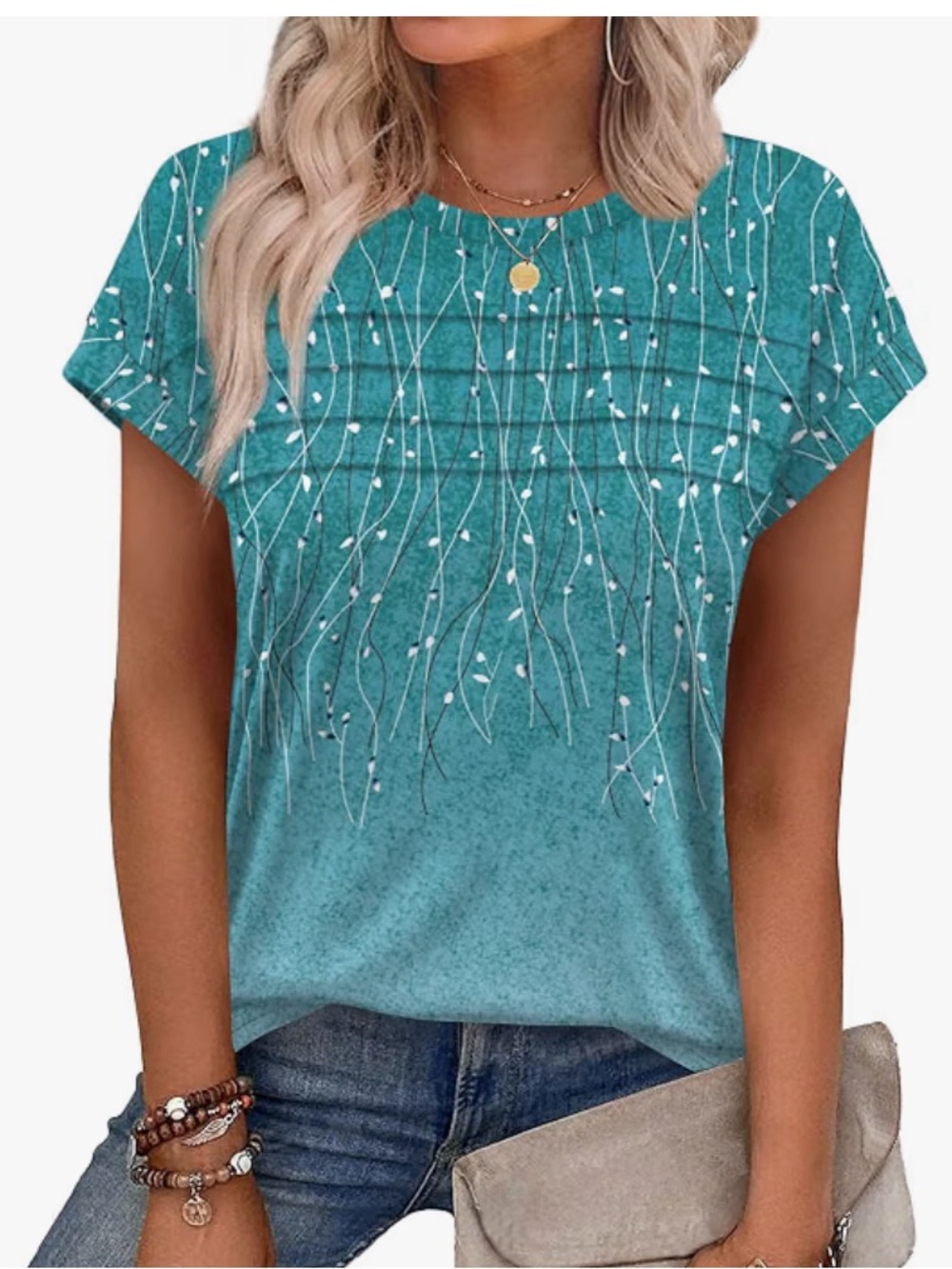Teal Floral Vine Short Sleeve Top